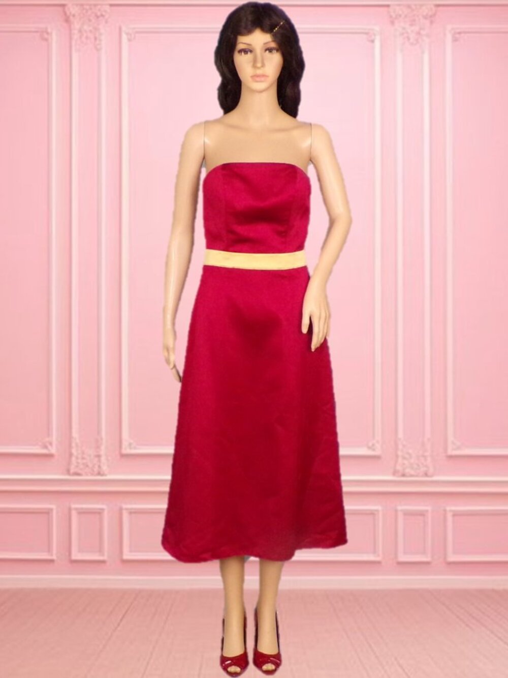 FOREVER YOURS size 2 red satin off-the-shoulder party dress with yellow sash